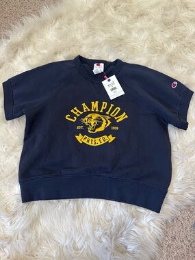 NWT Champion Navy Short-Sleeve sweatshirt with Yellow Graphic